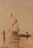 Voilier et gondole à Venise by Alexander Beggrow, 1887, Lavis et aquarelle, sold Oct 2017