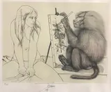 Singe dessinant et femme by Pierre-Yves Trémois, 1973, Lithographie encadrée sous verre justifiée, sold Dec 2025