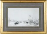 Marine by Félix Ziem, Lavis d'encre noire sur trait de crayon, le cachet, sold Nov 2025
