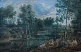 Troupeau près d'un gué by Lucas van Uden, Panneau de chêne, renforcé, sold Nov 2025