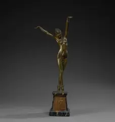 Danseuse égyptienne by Demeter H. Chipăruş, Épreuve en bronze doré patiné rehaussé d'émail bleu et vert sur socle pyramidal en marbre, sold Nov 2025