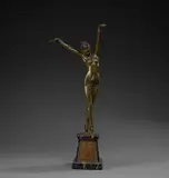 Danseuse égyptienne by Demeter H. Chipăruş, Épreuve en bronze doré patiné rehaussé d'émail bleu et vert sur socle pyramidal en marbre, sold Nov 2025