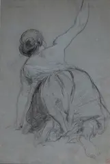 Femme à genou, de dos by Eugène Isabey, Crayon noir, craie blanche, en bas à gauche le cachet de la vente d'atelier (L, sold Nov 2025