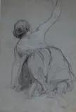 Femme à genou, de dos by Eugène Isabey, Crayon noir, craie blanche, en bas à gauche le cachet de la vente d'atelier (L, sold Nov 2025