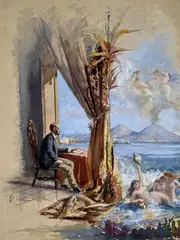 Artiste cherchant l'inspiration à l'ombre du Vésuve by Salvatore Cozzolino, Aquarelle avec rehauts de gouache, sold Nov 2025