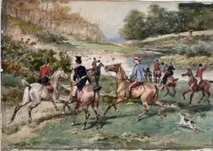 Scène de chasse à courre by Gustave David, Aquarelle signée en bas à gauche, sold Nov 2025