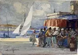Scène de marché sur le vieux port à Marseille by Eugène Villon, Aquarelle signée en bas à gauche, sold Nov 2025