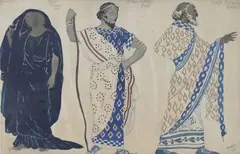 Projet de costumes pour « Le Martyre de Saint Sébastien » by Léon Bakst, 1910, Aquarelle, gouache, mine de plomb et rehauts argentés sur papier, sold Nov 2025