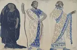 Projet de costumes pour « Le Martyre de Saint Sébastien » by Léon Bakst, 1910, Aquarelle, gouache, mine de plomb et rehauts argentés sur papier, sold Nov 2025
