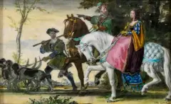 & Eugène GLUCK by Théodore Deck, 1820, Panneau décoratif rectangulaire en faïence à décor polychrome représentant une chasse aris, sold Nov 2025
