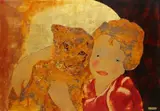 Jeune fille enlaçant un félin by Alix Aymé, Panneau en laque à fond brun or et rehauts de polychromie, représentant une jeune femme en, sold Jun 2024