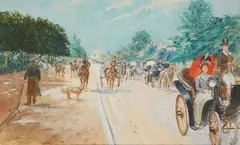 Calèches et voitures sur l'avenue Foch à Paris by Georges Stein, Aquarelle signée en bas à gauche et située à Paris Dim, sold Jun 2024