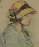 Portrait de femme au chapeau by George Morren, Pastel sur papier grège, sold Mar 2024