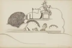 Elégante et ses chiens en voiture by Georges Lepape, 1935, Plume, encre de Chine, aquarelle et crayon sur papier, sold Mar 2024