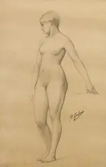 Étude pour Cléopâtre by Jean-Léon Gérôme, Crayon noir sur papier beige, sold Mar 2025