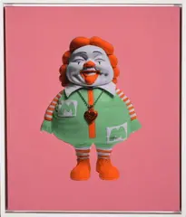 MC supersize green with pink background, c.2004 by Ron English, Acrylique et sérigraphie sur toile, dédicacée et signée au dos Acrylic and screenprint on, sold Jun 2024