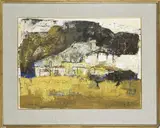Paysage aux champs et village by Raymond Guerrier, Gouache sur papier signé en bas à gauche, sold Feb 2024