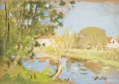 Paysage à la rivière by Pierre Eugène Montézin, Gouache sur papier cartonné contrecollé sur carton, sold Apr 2026