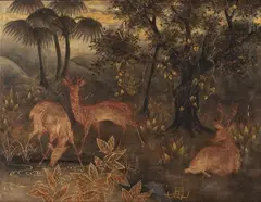Paysage animé de daims et biche s'abreuvant by Phuc Duyen Tran, Panneau en bois laqué polychrome et or, sold Apr 2026