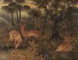 Paysage animé de daims et biche s'abreuvant by Phuc Duyen Tran, Panneau en bois laqué polychrome et or, sold Apr 2026