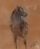 Etude de cheval by Jean-Baptiste Carpeaux, Crayon noir et rehauts de blanc, sold Sep 2024