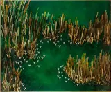Sans titre by Paul Étienne Sain, Panneau rectangulaire en bois laqué vert à décor de motifs abstraits et d'incrustations de, sold Nov 2025