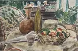 Nature morte à l'ombrelle et corbeille de fruits by André Dunoyer de Segonzac, Plume et aquarelle, sold Feb 2026
