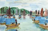 Jonques sur la baie d'Along by Stéphane Magnard, Aquarelle sur papier encadrée, sold Oct 2019