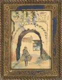Femme à dos de mule by Mattéo Brondy, Aquarelle encadrée signée et située Bab Guenaoua Meknes en bas à droite (La porte Gnaoua), sold Sep 2019