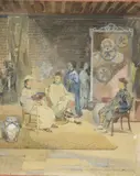 Lettrés chinois by Théodore Didier Delamarre, Aquarelle et gouache sur papier encadrée signée en bas à droite, sold Sep 2019