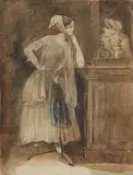 Au comptoir by Constantin Guys, Plume et encre brune, aquarelle sur traits de crayon noir, sold Mar 2023