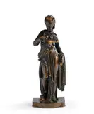 Jeune femme drapée à l'antique tenant une écrevisse, un filet de pêche sur l'autre bras by Paul Duboy, Épreuve en bronze patiné avec des rehauts de dorure, sold Nov 2022