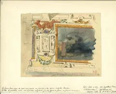Détail de la décoration du Rosso dans la galerie François Ier (entre la troisième et la quatrième fenêtre) du château de Fontainebleau by Eugène Delacroix, Aquarelle sur traits de crayon noir, sold Mar 2026