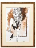 Ritratto di donna con piede appoggiato su un tavolino Acquarello su carta, firmato e datato 83 (con cornice) Portrait d'une jeune femme posant le pied sur une t by Renato Guttuso, Aquarelle sur papier, sold Nov 2021