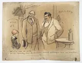 Il n'a pas de prix! / - M'en parlez pas, le chameau discute politique avec son maître by Francisque Poulbot, Encre et pastel sur papier, sold Apr 2024