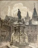 Vue de la fontaine de la pucelle à Rouen by Robert Antoine Pinchon, Crayon, aquarelle et rehauts de gouache sur papier, sold Mar 2024
