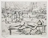 Jeune homme endormi sur un banc au quai des goélettes by Jacques Boullaire, Lithographie signée en bas à droite, indication en bas à gauche Taoto, sold Apr 2024