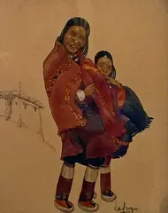 Femme et enfant tibétains by Léa Lafugie, Gouache signée en bas vers la droite, sold Apr 2024
