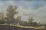 Personnages conversant à l'entrée d'un village by Pieter de Neyn, Panneau de chêne, deux planches, non parqueté, sold Feb 2024
