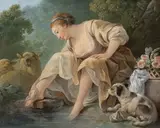 Jeune femme au bord d'un ruisseau by Jean-Baptiste Huet, Panneau, une planche, non parqueté, sold Nov 2023