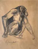 Jeune gorille ‘Solange’ by Gaston Suisse, vers 1940, Crayon gras sur papier bistre, sold Oct 2023