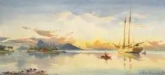 Coucher de soleil dans la baie de Papeete à Tahiti by William Alister Macdonald, 1928, Aquarelle signée et datée en bas à droite, sold Oct 2023