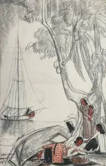 Déjeuner au bord du Mékong by André Maire, Pastel et fusain signé en bas à gauche, sold Oct 2023