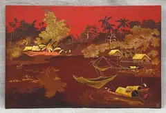 Sans titre by Le Thy, Panneau en laque à dominante rouge et or, et dégradé de bruns, figurant un village de pêch, sold Oct 2023