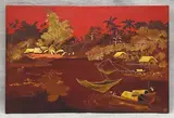 Sans titre by Le Thy, Panneau en laque à dominante rouge et or, et dégradé de bruns, figurant un village de pêch, sold Oct 2023