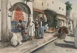 Rue marocaine animée, 1940-41 by Suzanne Al-Chekhli, Aquarelle signée de son nom de jeune fille, S, sold Oct 2023