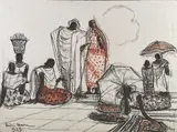 Marché à Madagascar by André Maire, 1959, Pastel et fusain signé et daté en bas à gauche, sold Oct 2023
