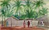 Village animé à Madagascar by Élisabeth Faure, Aquarelle signée en bas à gauche, sold Oct 2023