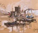 Voiliers au port by Charles Brouty, Encre, lavis d'encre et rehauts de gouache sur papier signé en bas à droite, sold Apr 2023