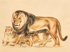 Lion et lionne by André Margat, 1927, Pastel signé et daté en bas à gauche, sold Apr 2026